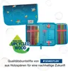 A blue pencil case is shown open, displaying its contents of colored pencils, a ruler, and other stationery. The case has a rainbow and star pattern. A green "Made from Upcycled Wood" badge is visible on the left. Náhled obrázku produktu