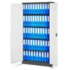 A metal filing cabinet with its doors open, filled with blue binders on multiple shelves. Voir les images du produit