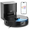 A robot vacuum cleaner with its charging station and a smartphone displaying its app interface. Produktbild-Vorschau