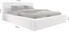 A white upholstered bed with dimensions indicated by text overlays. Produktbild-Vorschau