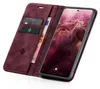 A burgundy flip-style phone case with card slots and a banknote, open to reveal a smartphone displaying the time and date. Produktbild-Vorschau