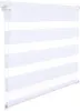 A white roller blind with horizontal stripes of opaque and sheer fabric.