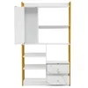 A white and gold bookshelf with a door and drawers against a white background. Podgląd zdjęcia produktu