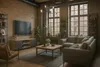 A modern living room with a TV stand, sofa, coffee table, and armchair. Produktbild-Vorschau