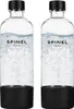 Two clear glass bottles with black caps and bases, filled with sparkling water. Produktbild-Vorschau