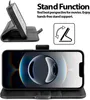 A black flip case for a smartphone is shown in two configurations: open and closed, with a phone inside. Text describes the stand function. Produktbild-Vorschau