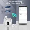 A graphic illustrating the pairing and connection process of wireless earbuds with a smartphone, alongside a product shot of the earbuds and their charging case. Produktbild-Vorschau