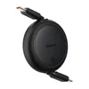 A black retractable USB-C to USB-C cable with a circular housing. Náhled obrázku produktu