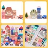 A collage of four images showcasing wooden building blocks for children, arranged to form city scenes and organized in boxes. Náhled obrázku produktu