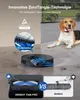 A split image showing a robot vacuum cleaner on the left and a dog on the right, with a comparison of brush heads at the bottom. Produktbild-Vorschau