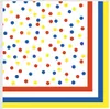 A close-up view of a white napkin with red, blue, and yellow confetti dots. The napkin has a red, white, blue, and yellow border on the right and bottom edges. Produktbild-Vorschau