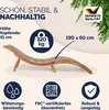 A wooden sun lounger with various feature callouts and certifications. Produktbild-Vorschau