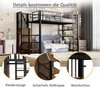 A loft bed with a sofa underneath, featuring shelves and a wardrobe area, presented with close-up insets highlighting specific features. Voir les images du produit