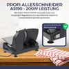 A black electric slicer is shown on a wooden table, with a folded red and white striped cloth next to it. Text overlays describe its features and safety. Produktbild-Vorschau