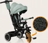 A product image of a green and black multifunctional tricycle, with a close-up inset showing the texture of a wheel. Produktbild-Vorschau