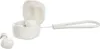 A pair of white wireless earbuds with their charging case, which is open, and a white wrist strap attached to the case. Produktbild-Vorschau
