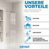 A showerhead with water flowing, next to a list of product benefits. Produktbild-Vorschau