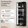 A display cabinet with various items on its shelves, with text overlays describing its features. Produktbild-Vorschau