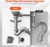 A comparison of two drain pipe accessory systems, one labeled 'OURS' and the other 'OTHERS', showing their different designs and connections to appliances like dishwashers and washing machines. Anteprima dell’immagine prodotto