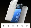 An exploded view of a white power bank showing its internal battery and circuit board, with icons at the bottom representing features. Produktbild-Vorschau