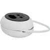 A white, round power strip with a black top, featuring two outlets and a loop for a cable, is shown against a white background. Produktbild-Vorschau