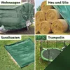 A collage of four images showing different uses for a green tarp: covering a caravan, covering hay bales, covering a sandbox, and a trampoline with a green safety net. Produktbild-Vorschau