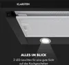 Close-up of a black under-cabinet range hood with silver metal filter and LED light. Produktbild-Vorschau