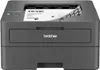 A dark gray Brother laser printer with a sheet of paper partially printed and sticking out of the top. Produktbild-Vorschau