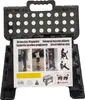 The image shows the back of a black folding stool with a label displaying product information and usage examples. Produktbild-Vorschau