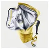 An open yellow backpack with a silver thermos inside. Produktbild-Vorschau