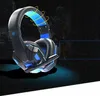 A gaming headset with blue LED lighting is shown against a dark, abstract background. Produktbild-Vorschau