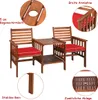 A wooden garden bench set with two chairs and a table, featuring close-up details of its features. Náhled obrázku produktu
