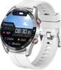 A close-up shot of a white smartwatch with a silver casing and a black watch face displaying time and other information. Produktbild-Vorschau
