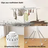 A collage showing different aspects of a folding clothes drying rack, including its clips, a collapsed state, and its base with wheels. Produktbild-Vorschau