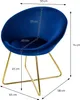 A blue velvet chair with gold legs, with dimensions indicated by measurement lines and text. Náhled obrázku produktu