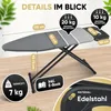 An ironing board with various dimensions and weight capacities highlighted with text overlays. Produktbild-Vorschau