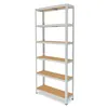 A tall, five-shelf storage unit with a light gray metal frame and light brown shelves, shown against a white background. Náhled obrázku produktu