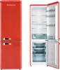 A red refrigerator with its door open, showing the interior shelves and drawers, and a separate view of the closed refrigerator. Produktbild-Vorschau