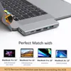 A close-up of a silver USB-C hub adapter connected to a MacBook Pro, with images of compatible MacBook models below. Produktbild-Vorschau