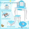 A marketing image showcasing a children's vanity set with a stool, highlighting its features with German text labels. Produktbild-Vorschau