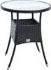 A black rattan side table with a glass top, shown against a white background.