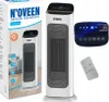 A product shot of a white ceramic heater with its packaging and accessories. Voir les images du produit