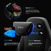 A man wearing headphones is shown in a close-up, with a diagram illustrating neck support. A gaming chair headrest is also featured with magnetic adjustment indicators. Anteprima dell’immagine prodotto