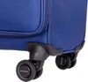 A close-up view of the wheels and lower portion of a blue suitcase. Produktbild-Vorschau