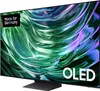 A Samsung OLED TV is shown from a side angle, displaying a colorful, abstract image on its screen. The TV is on a black stand. Produktbild-Vorschau