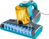 A close-up, angled shot of a handheld vacuum cleaner with a transparent dustbin showing collected debris. Produktbild-Vorschau