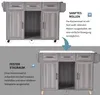 Two images of a kitchen island, one showing it on wheels and the other on feet, with descriptive text. Podgląd zdjęcia produktu