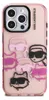 A Karl Lagerfeld branded iPhone case with a pink tint and a graphic pattern of cartoonish cat heads wearing sunglasses. Anteprima dell’immagine prodotto
