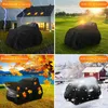 A collage of four images showing a black cover protecting an outdoor item in different seasons and weather conditions, with text overlays. Produktbild-Vorschau