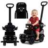 A baby is sitting in a black toy Mercedes-Benz G350d car with a push handle. The image is a collage of three different views of the toy car. Produktbild-Vorschau